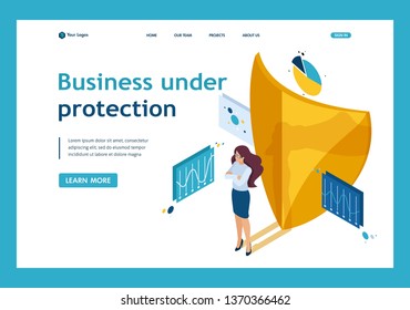 Isometric how to ensure full safety of your business, lawyer girl. Website Template Landing page.