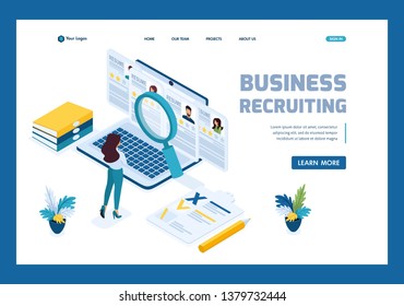 Isometric HR Manager, business recruiting manager reviews the resume options on the site. Template Landing page.