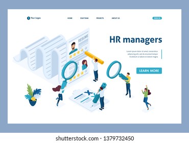 Isometric HR Manager, consideration of the summary, recruiting concept. Template Landing page.