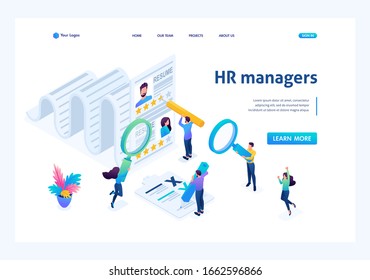Isometric HR Manager, consideration of the summary, recruiting concept, bright color. Landing page concepts and web design.