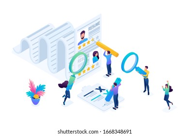 Isometric HR Manager, consideration of the summary, recruiting concept, bright color. Concept for web design