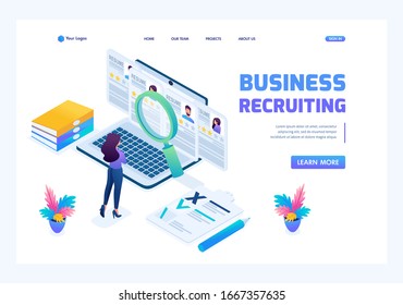 Isometric HR Manager, recruiting manager reviews the resume options on the site, bright color. Landing page concepts and web design.