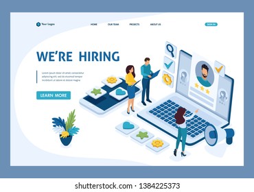 Isometric HR Manager, we hire employees to our company, business recruiting concept. Template Landing page.