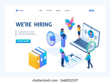 Isometric HR Manager, we hire employees to our company, recruiting concept. Landing page concepts and web design