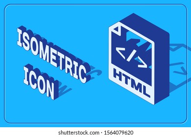 Isometric HTML file document. Download html button icon isolated on blue background. HTML file symbol. Markup language symbol.  Vector Illustration