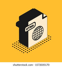 Isometric HTML file document. Download html button icon isolated on yellow background. HTML file symbol. Markup language symbol.  Vector Illustration