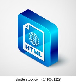 Isometric HTML file document icon. Download html button icon isolated on white background. HTML file symbol. Markup language symbol. Blue square button. Vector Illustration