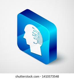Isometric Human brain as digital circuit board icon isolated on white background. Artificial Intelligence. Human head outline with circuit lines inside. Blue square button. Vector Illustration