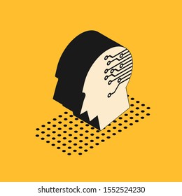 Isometric Human brain as digital circuit board icon isolated on yellow background. Artificial Intelligence. Human head outline with circuit lines inside.  Vector Illustration