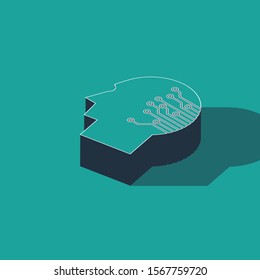 Isometric Human brain as digital circuit board icon isolated on green background. Artificial Intelligence. Human head outline with circuit lines inside.  Vector Illustration