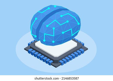 Isometric human brain with micro chip. artificial intelligence and implants of artificial organs.