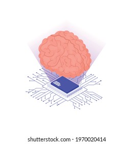 Isometric human brain model and microchip on white background 3d vector illustration