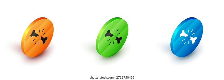 Icono de hueso roto humano isométrico aislado sobre fondo blanco. Botón circular. Vector