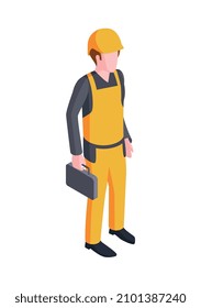 Carácter humano isométrico del constructor que lleva uniforme amarillo e ilustración vectorial del casco