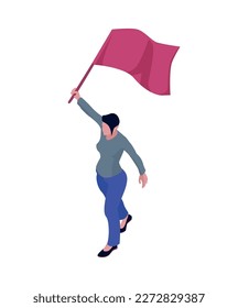 Isometric human character of female activist protesting with flag 3d vector illustration