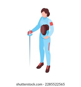 Isometric human character of female fencer with sword and mask vector illustration