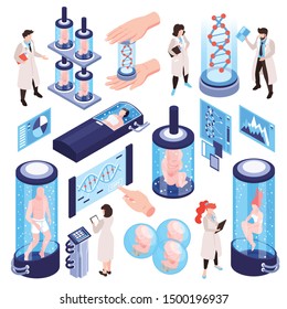 Isometric Human Cloning Dna Research Science Laboratory Set With Isolated Icons Of Test Tubes Human Characters Vector Illustration