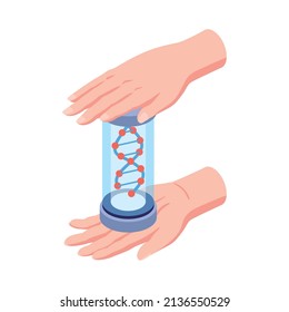 Isometric Human Cloning Dna Research Science Laboratory Composition With Human Hands Holding Tube With Dna Molecule Vector Illustration