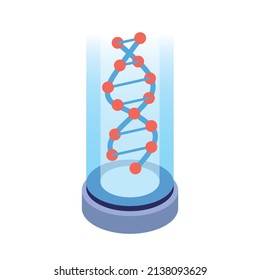 Isometric dna investigación de la clonación humana composición de laboratorio con tubo de vidrio que contiene molécula de estructura de adn vectorial ilustración