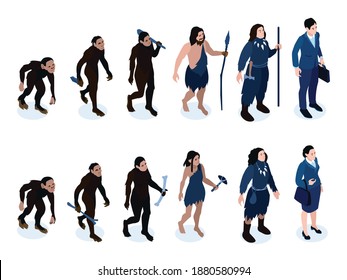 Isometric human evolution color set with characters of neanderthal men and women with instruments of labour vector illustration