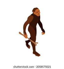 Isometric human evolution composition with character of ape man with stick isolated on blank background vector illustration
