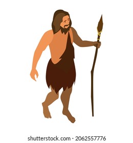Isometric human evolution composition with character of ancient man with spear isolated on blank background vector illustration