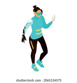 Isometric human evolution composition with character of futuristic woman in exoskeleton isolated on blank background vector illustration