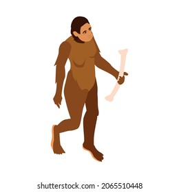 Isometric human evolution composition with character of ape man holding bone isolated on blank background vector illustration