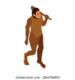 Isometric human evolution composition with character of ape man with jawbone isolated on blank background vector illustration