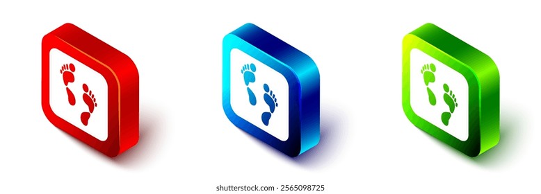 Isometric Human footprint icon isolated on white background. Trace of human foot. Red, blue and green square button. Vector
