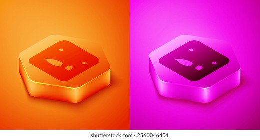 Isometric Human footprints shoes icon isolated on orange and pink background. Shoes sole. Hexagon button. Vector