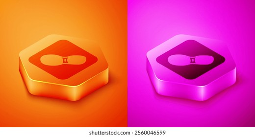 Isometric Human footprints shoes icon isolated on orange and pink background. Shoes sole. Hexagon button. Vector