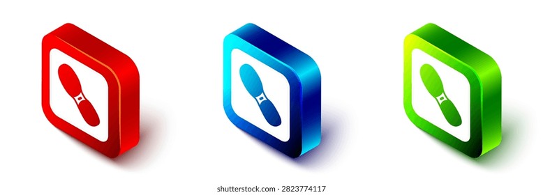 Isometric Human footprints shoes icon isolated on white background. Shoes sole. Red, blue and green square button. Vector