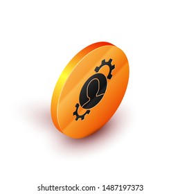 Isometric Human with gear inside icon isolated on white background. Artificial intelligence. Thinking brain sign. Symbol work of brain. Orange circle button. Vector Illustration