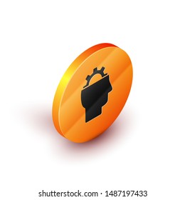 Isometric Human with gear inside icon isolated on white background. Artificial intelligence. Thinking brain sign. Symbol work of brain. Orange circle button. Vector Illustration