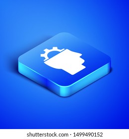 Isometric Human with gear inside icon isolated on blue background. Artificial intelligence. Thinking brain sign. Symbol work of brain. Blue square button. Vector Illustration Isometric Human with gear inside icon isolated on blue background. Artificial intelligence. Thinking brain sign. Symbol work of brain. Blue square button. Vector Illustration
