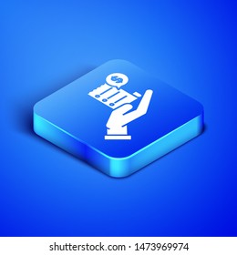 Isometric Human hand holding with blank receipt or bill for payment icon isolated on blue background. Banking and business operations. Blue square button. Vector Illustration