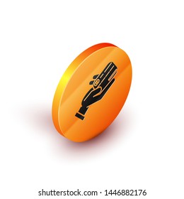 Isometric Human hand holding with credit card icon isolated on white background. Online payment. Pay by card. Financial operations. Orange circle button. Vector Illustration