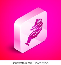 Isometric Human hand holding with credit card icon isolated on pink background. Online payment. Pay by card. Financial operations. Silver square button. Vector Illustration