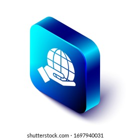 Isometric Human hand holding Earth globe icon isolated on white background. Save earth concept. Blue square button. Vector Illustration