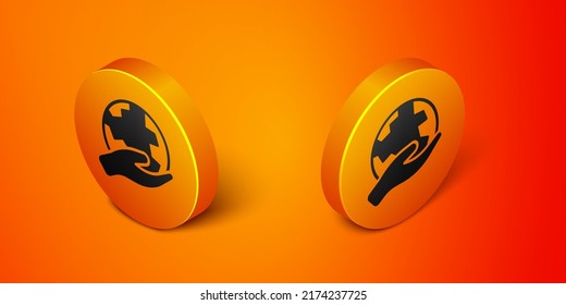 Isometric Human hand holding Earth globe icon isolated on orange background. Save earth concept. Orange circle button. Vector