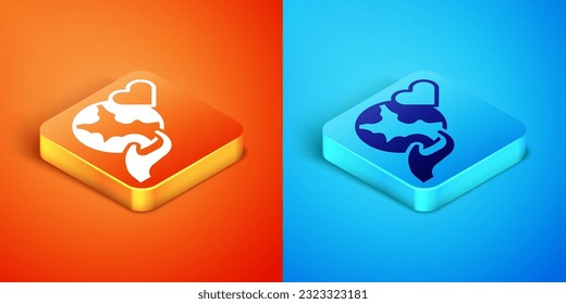 Isometric Human hand holding Earth globe icon isolated on orange and blue background. Save earth concept.  Vector