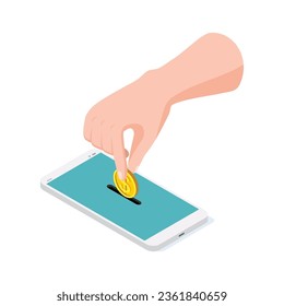 Isometric human hand puts dollar coin in smartphone.