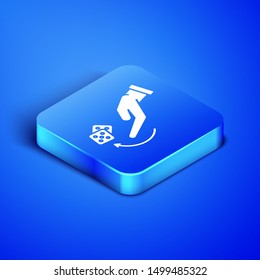 Isometric Human hand throwing game dice icon isolated on blue background. Blue square button. Vector Illustration