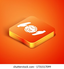 Isometric Human hands holding Earth globe icon isolated on orange background. Save earth concept. Vector Illustration