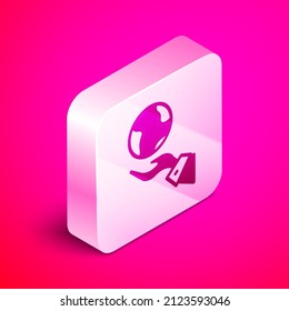 Isometric Human hands holding Earth globe icon isolated on pink background. Save earth concept. Silver square button. Vector