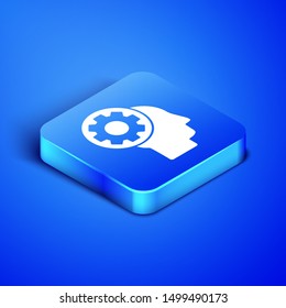 Isometric Human head with gear inside icon isolated on blue background. Artificial intelligence. Thinking brain sign. Symbol work of brain. Blue square button. Vector Illustration