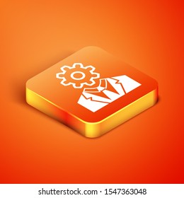 Isometric Human head with gear inside icon isolated on orange background. Artificial intelligence. Thinking brain sign. Symbol work of brain.  Vector Illustration