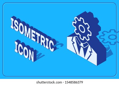 Isometric Human head with gear inside icon isolated on blue background. Artificial intelligence. Thinking brain sign. Symbol work of brain.  Vector Illustration