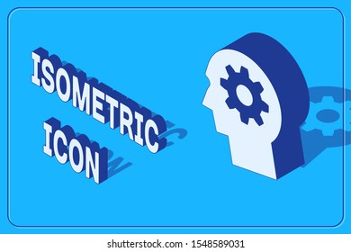 Isometric Human head with gear inside icon isolated on blue background. Artificial intelligence. Thinking brain sign. Symbol work of brain.  Vector Illustration